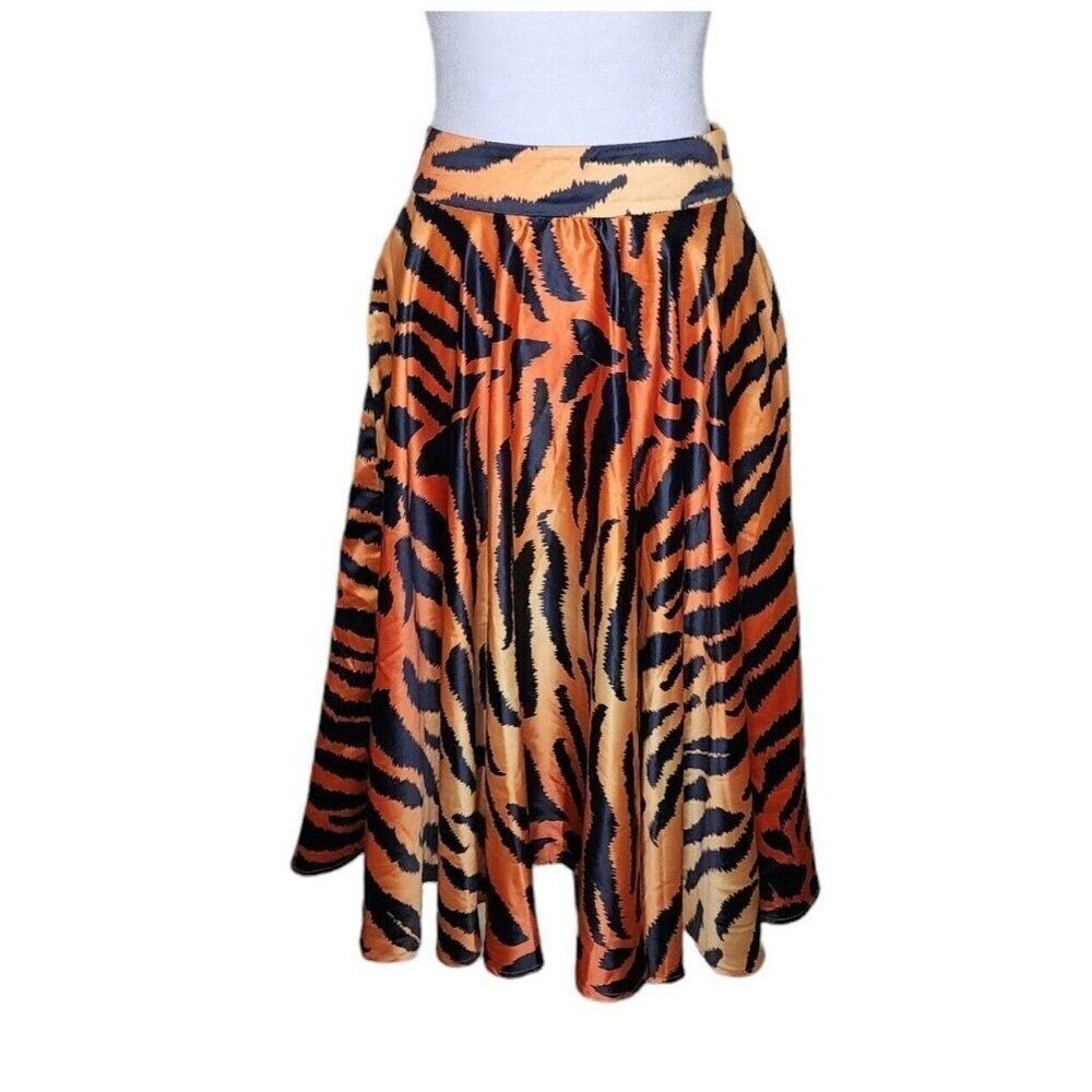 Rebel Love Clothing Tiger Print Satin Midi Circle Skirt Womens S Orange Black